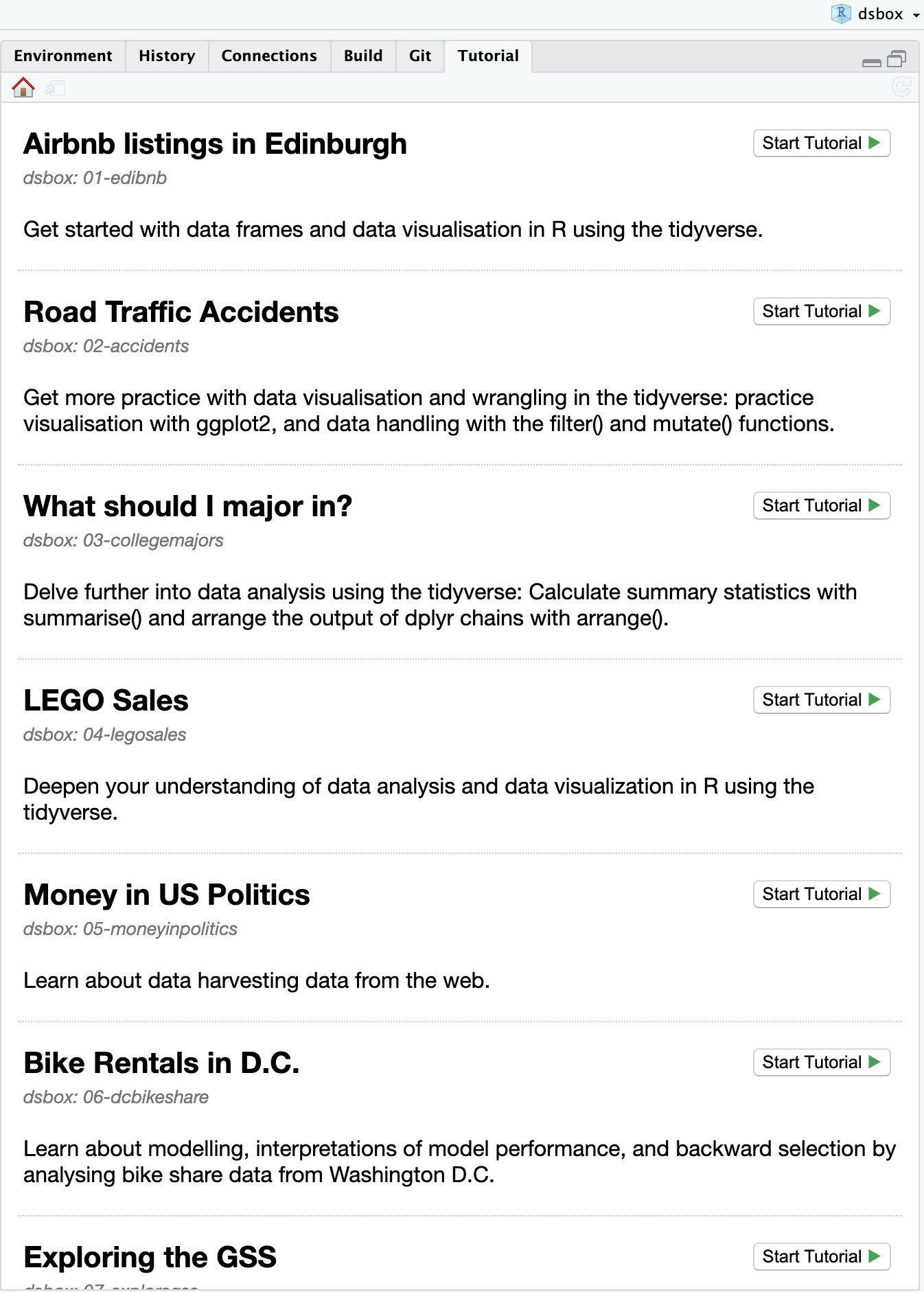 The image is a screenshot of a computer application, the RStudio IDE. It features a series of tutorial titles and short paragraph descriptions in black text on a white background, with each title having by its side a button with the words "Start tutorial" and a green play arrow. One of the titles is "LEGO Sales."